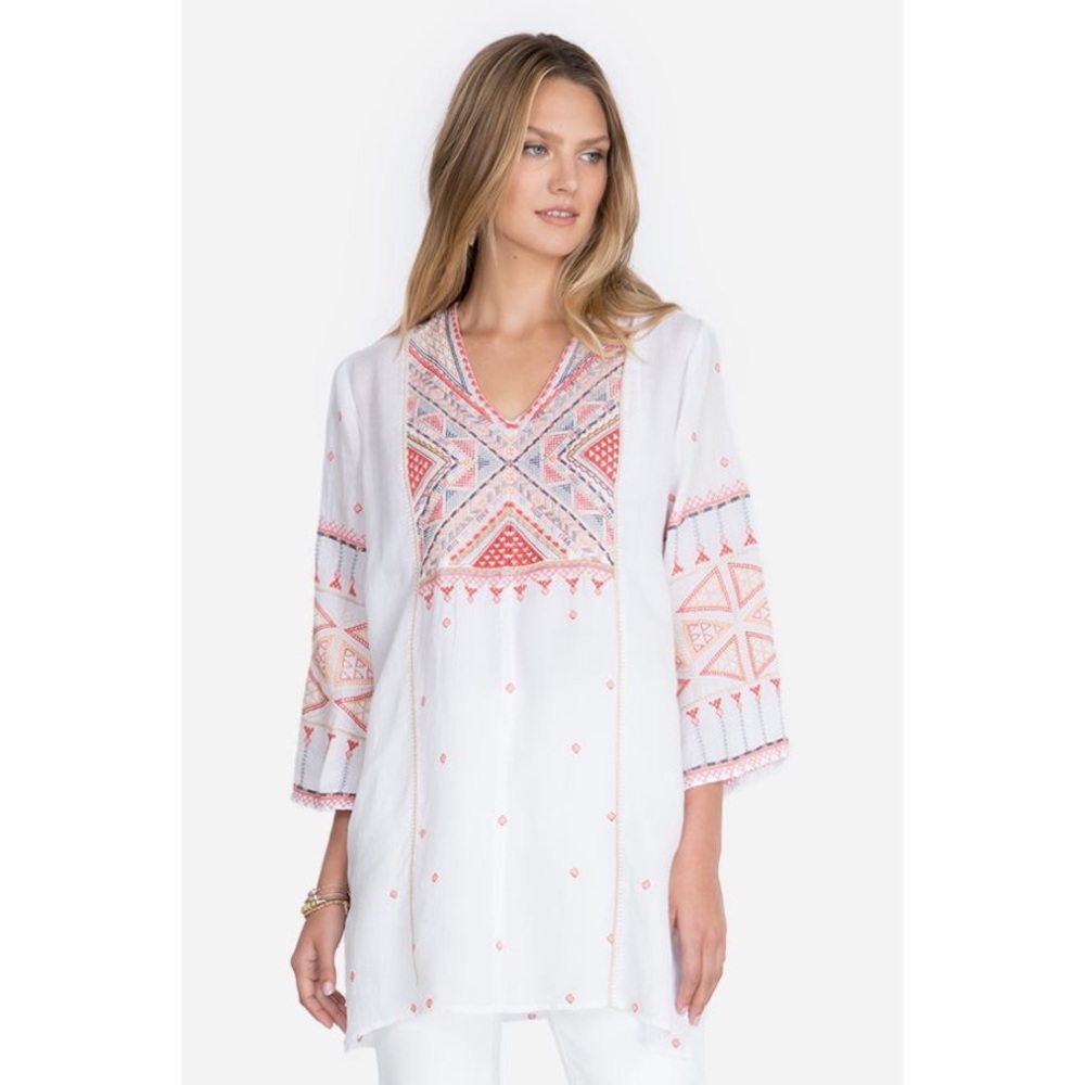 Johnny Was Thora White Embroidered V-Neck Toledo Tunic Large NWT